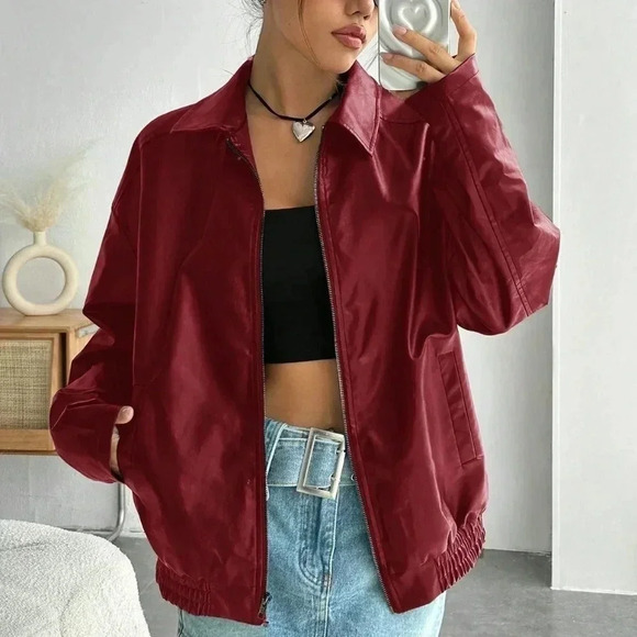 Casual Off-Shoulder Zipped PU Leather Coat - Picture 4 of 4